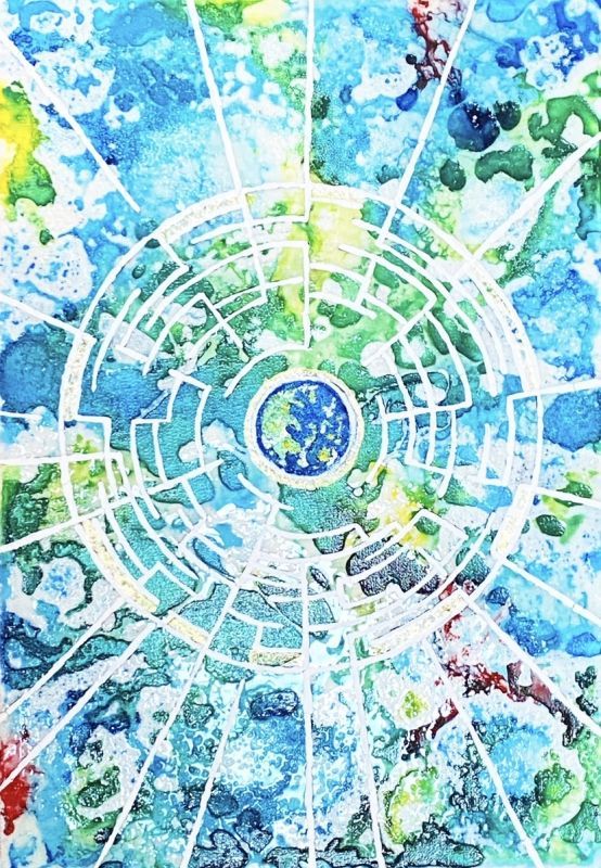 タイトル 新しい時空の中で 光に包まれる地球 Yhikarinoart Mika 画家 川端 三賀 ヒーリングアート